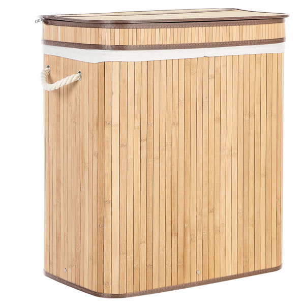 Rechteckiger Wäschekorb aus Bambus mit Deckel, herausnehmbarem Wäschesack und seitlichen Seilgriffen.