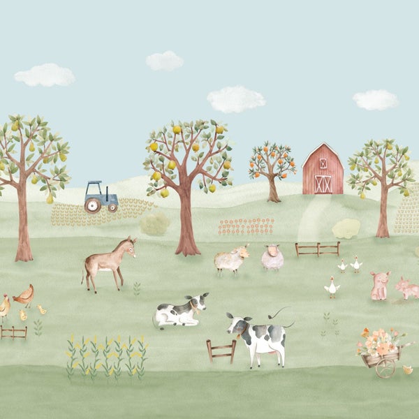 Illustration einer ländlichen Szene mit Tieren, Traktor und Obstbäumen