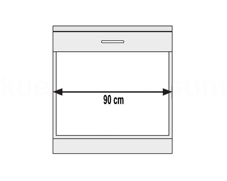 Skizze eines Küchenunterschranks mit einer Breite von 90 Zentimetern.