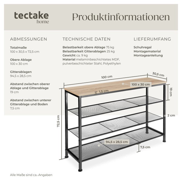 Produktinformationen zu einem Schuhregal von Tectake Home mit Maßen, technischen Daten und Lieferumfang