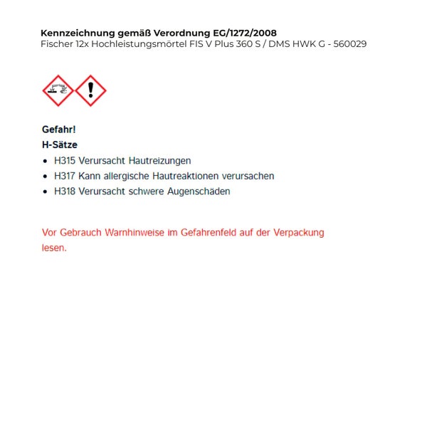 Fischer 12x Hochleistungsmörtel FIS V Plus 360 S / DMS HWK G - 560029