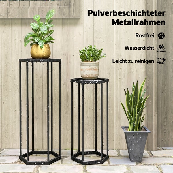Zwei schwarze Blumenständer aus pulverbeschichtetem Metall mit Pflanzen, rostfrei, wasserdicht und leicht zu reinigen.
