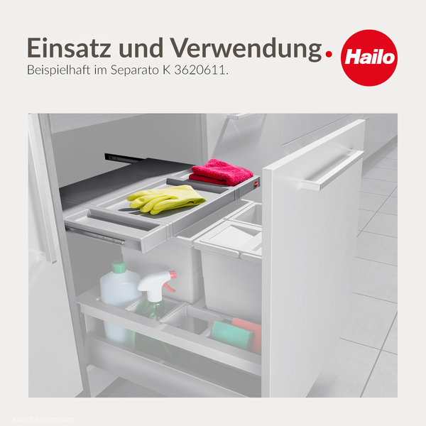 Hailo Logo und Anwendungsbeispiel für Abfalltrennsystem Separato K 3620611 mit Auszug für Reinigungsmittel im Küchenschrank.