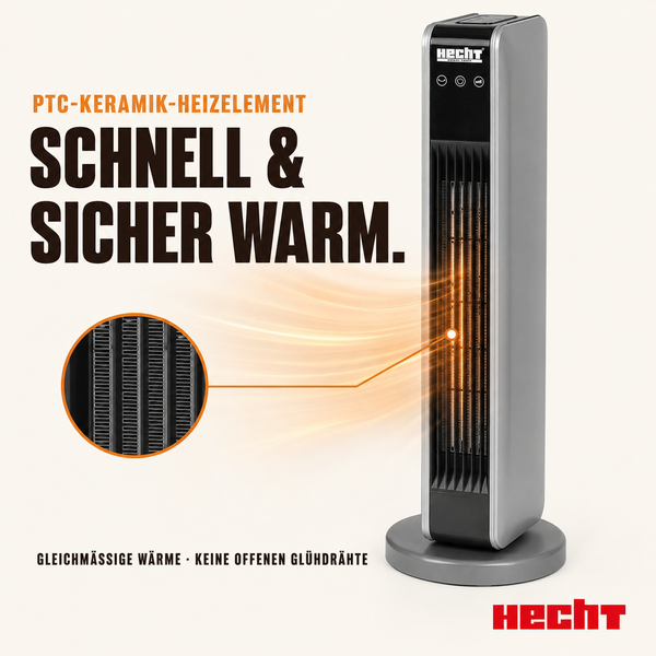 Hecht Keramik-Turmheizgerät für gleichmäßige Wärme mit Detailansicht des Heizelements und Hecht Logo.