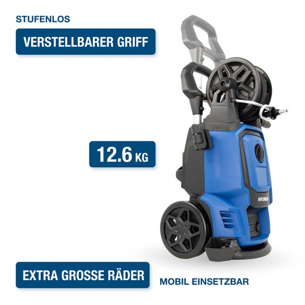 Hyundai Hochdruckreiniger mit stufenlos verstellbarem Griff, 12,6 Kilogramm Gewicht und extra großen Rädern für den mobilen Einsatz.