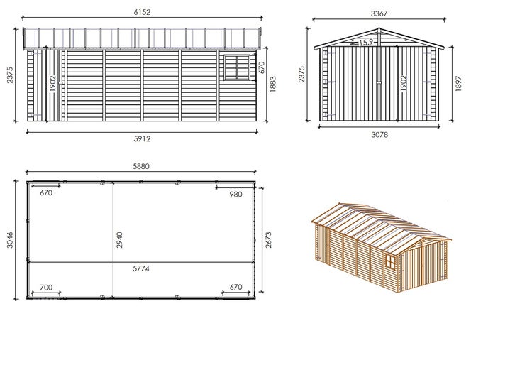 Autogarage aus Holz - 18,19m2 - 3,05x5,91m - 18mm