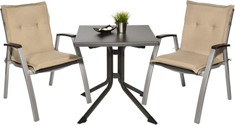 Gartenmöbel-Set bestehend aus einem quadratischen Tisch und zwei Gartenstühlen mit Auflagen für Hochlehner.