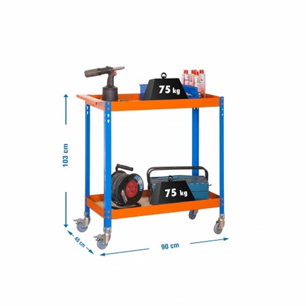 PROREGAL Montagewagen Transportwagen Muli Wood HxBxT 103x90x40 cm 2 Holzböden Blau-Orange