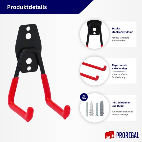 Wandhaken von Proregal zur Aufbewahrung aus Stahl mit rutschfester Beschichtung inklusive Befestigungsmaterial zur Wandmontage.
