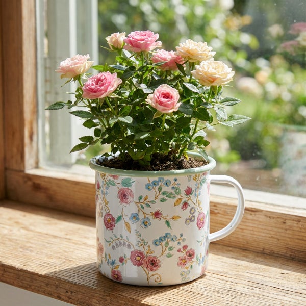 Kleine Rosenpflanze in einem weißem Emaillebecher mit floralem Muster auf einer Fensterbank