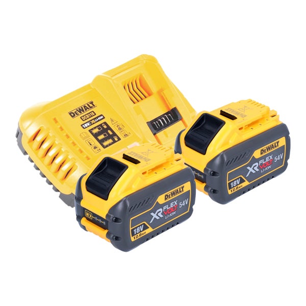 DeWalt Schnellladegeraet mit zwei FlexVolt Akkus mit achtzehn bis vierundfuenfzig Volt und zwoelf Amperestunden