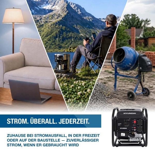 Hyundai Inverter Stromerzeuger HY3000i für die Stromversorgung im Home Office, beim Camping in den Bergen und auf der Baustelle.