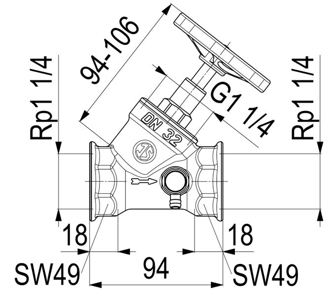 Technische Zeichnung eines Schrägsitzventils Nennweite 32 mit Abmessungen, Anschlussgröße 1 1/4 Zoll und JS Logo.