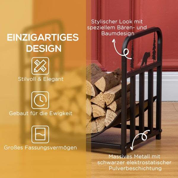 Outsunny Kaminholzregal, mit Griffe, für Outdoor, Indoor, bis 50 kg, 42 x 33,5 x 43 cm, Metall, Schwarz