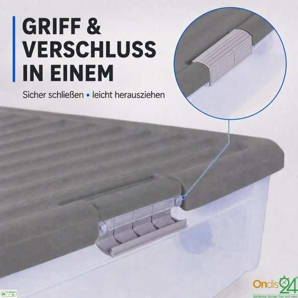 Detailansicht eines Kunststoff Aufbewahrungsbox Verschlusses mit integrierter Griffleiste für einfaches Öffnen und sicheres Verschließen.