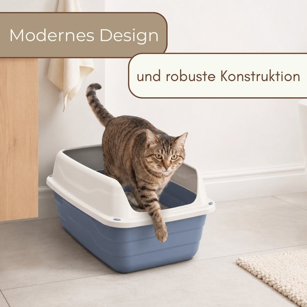 Moderne und robuste Katzentoilette aus Kunststoff in Blau und Weiß mit einer heraustretenden Katze in einem hellen Badezimmer.