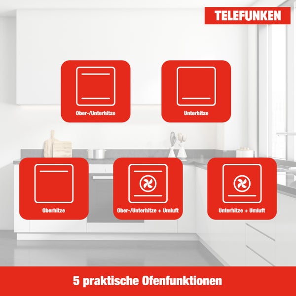 Telefunken Backofen Einbaubackofen autark 78 Liter Hot Air Shield 60 cm Einbau Ofen ohne Kochfeld Schwarz
