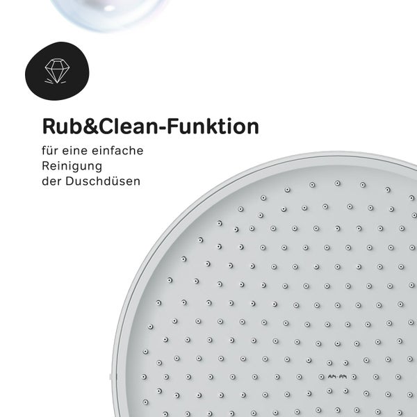 Runder Duschkopf mit Rub and Clean Funktion zur einfachen Reinigung der Düsen von Kalkablagerungen