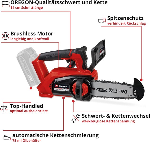Einhell Akku-Kettensäge mit Oregon-Schwert, 14 Zentimeter Schnittlänge, bürstenlosem Motor, Top-Handle-Design und werkzeuglosem Kettenwechsel.