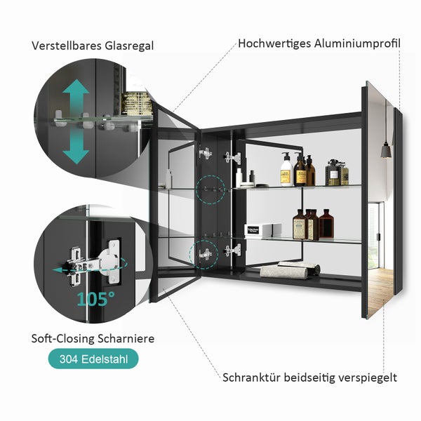Spiegelschrank mit verstellbaren Glasböden, Aluminiumprofil, Soft-Closing Scharnieren und beidseitig verspiegelter Schranktür