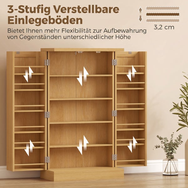 Vorratsschrank aus Holz mit geöffneten Türen und drei-stufig verstellbaren Einlegeböden in einem Abstand von 3,2 Zentimetern.