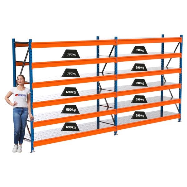 Regal mit mehreren Ebenen und einer maximalen Traglast von 690 kg pro Ebene