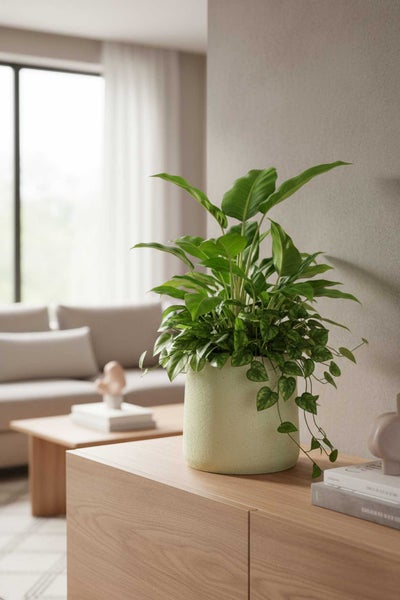 Zimmerpflanzen-Arrangement in einem hellen Keramiktopf auf einem Sideboard aus Holz in einem hellen, modernen Wohnzimmer.