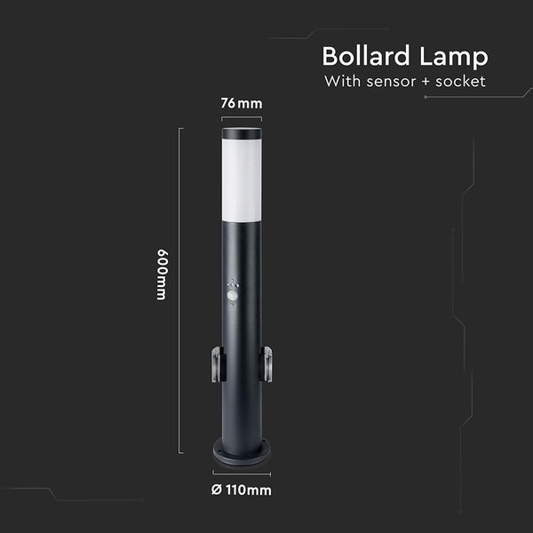 Pollerleuchte mit Sensor und Steckdose, 600 mm hoch