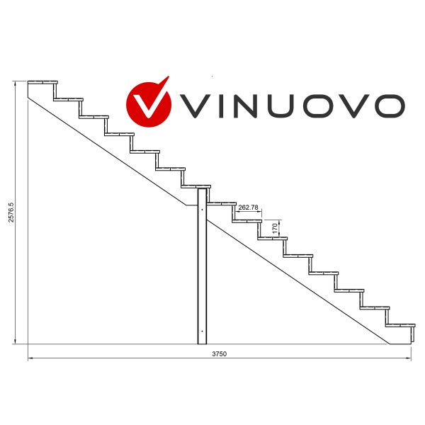 Technische Zeichnung einer Treppe mit Maßen und Vinuovo Logo.