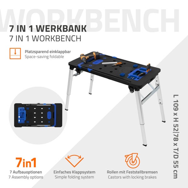 ECD Germany 7 in 1 Multifunktionale Werkbank klappbar, 109x55 cm, Mobile Werktisch, 150-250 kg Tragkraft, Spanntisch mit Winkelmarkierung, Arbeitstisch Werkstatt höhenverstellbar, Handwagen Rollbrett