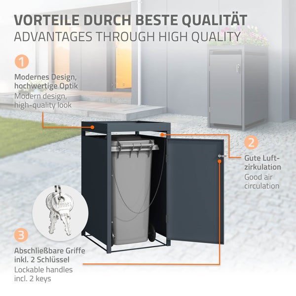 ML-Design Mülltonnenbox 1er mit Pflanzdach für 1 Mülltonne, 240L 68x80x124 cm, Anthrazit, Stahl, wetterfest, Abschließbare Mülltonnenverkleidung mit Tür, Müllbox Mülltonnecontainer Mülltonnenabdeckung