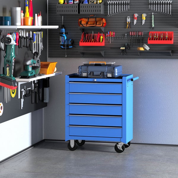 HOMCOM, Fahrbarer Werkzeugwagen, Werkstattwagen, 67,5L x 33B x 77H cm, Stahl, Blau