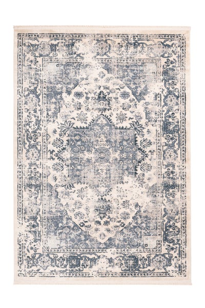 Rechteckiger Teppich mit blauem orientalischem Medaillon-Muster im Vintage-Stil und Fransen.