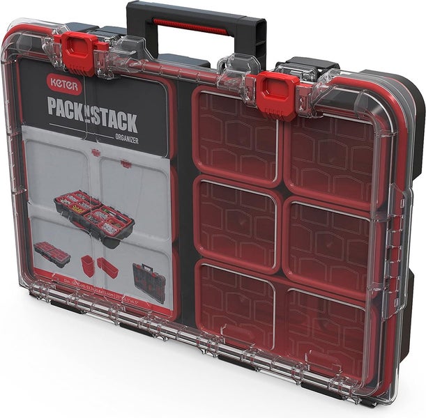 Keter Pack und Stack Kleinteilemagazin mit transparentem Deckel, roten herausnehmbaren Einsatzboxen und einem stabilen Tragegriff.