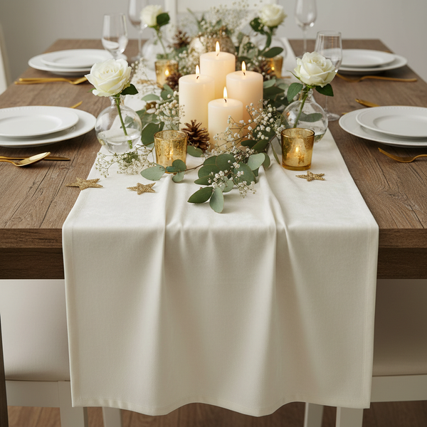 Festlich gedeckter Holztisch mit weißem Tischläufer, Stumpenkerzen, Eukalyptuszweigen, weißen Rosen, Gedecken mit Goldbesteck und Weingläsern.