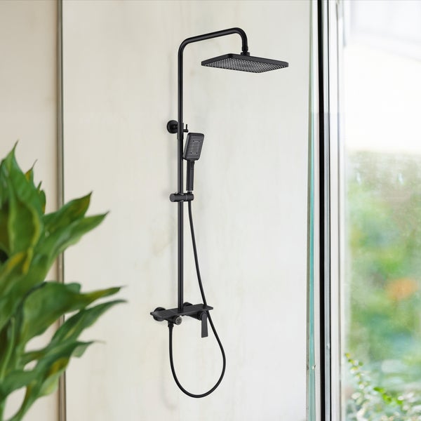 Home Deluxe - Duscharmatur mit Ablage - ICONIC - Farbe: Schwarze Marmoroptik - Höhe: 120 cm, inkl. Handbrause I Duschbrause Regendusche Designarmatur