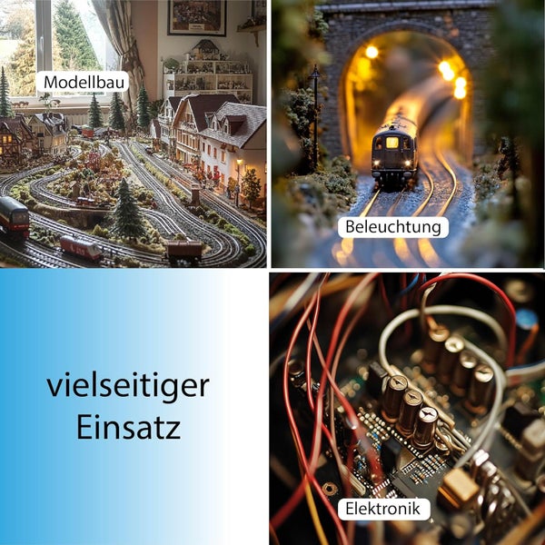 Collage zeigt Modelleisenbahnanlage, beleuchteten Tunnelzug und elektronische Bauteile für den Modellbau und Elektronikbereich.