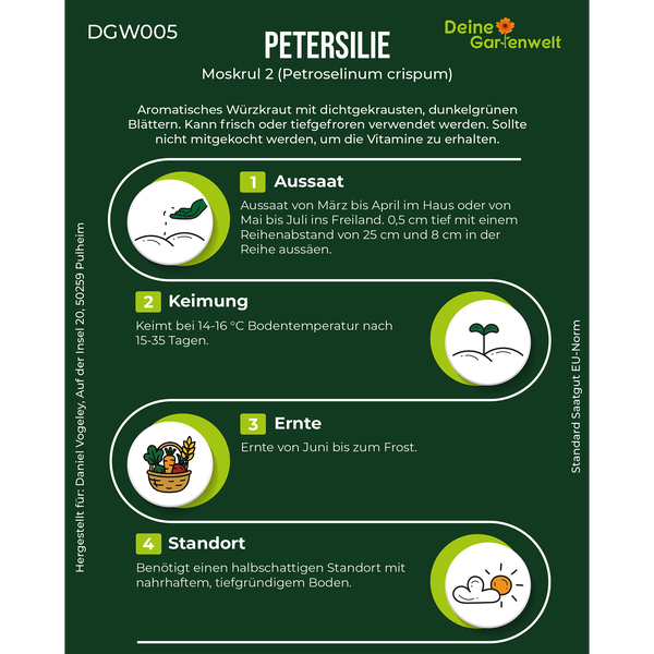 Infografik für Petersilie Moskrul 2 (Petroselinum crispum) mit Deine Gartenwelt Logo: Details zu Aussaat, Keimung, Ernte und Standort.