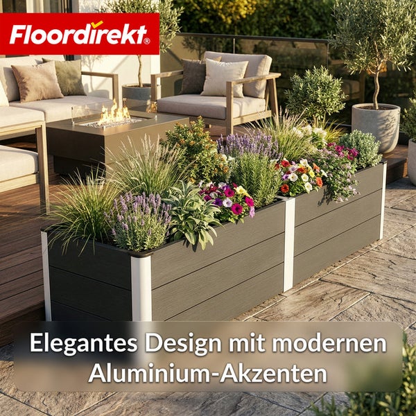 Großer Pflanzkasten aus WPC mit Aluminiumakzenten auf einer Terrasse mit Gartenmöbeln