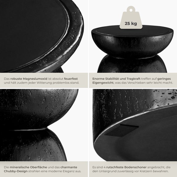 Beistelltisch aus Magnesiumoxid im modernen Chubby Design mit 25 Kilogramm Tragkraft und Bodenschonern.