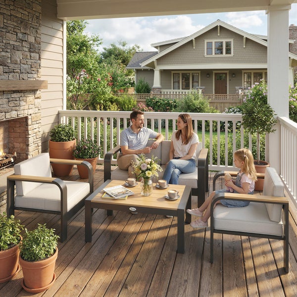 Eine Familie auf einer hellen Terrasse mit Gartenmöbelset aus Metall und Holz, bestehend aus Sofa, Sesseln und Tisch auf Holzdielen vor einem Kamin.