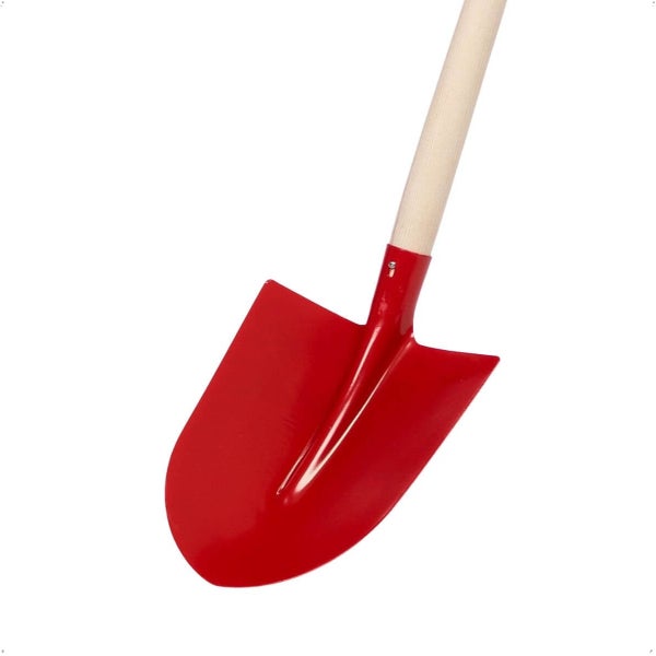 Rote Schaufel aus Metall mit Holzstiel.