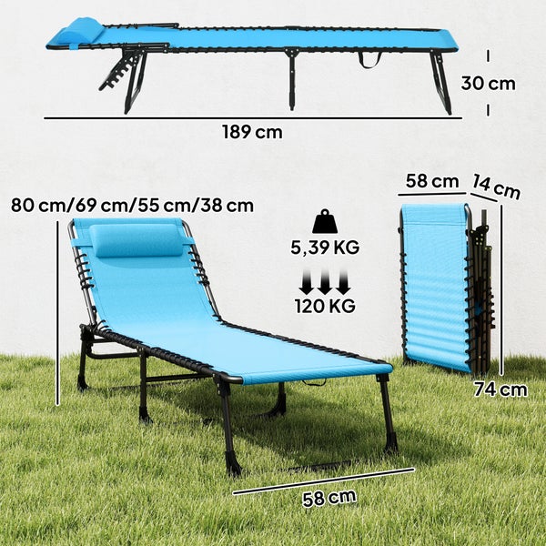 Blaue Sonnenliege mit schwarzem Gestell und Kopfstütze auf einer hellen Poolterrasse mit Strohhut und Gartenmöbeln im Hintergrund.