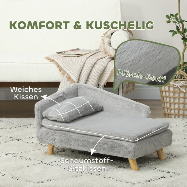 PawHut Hundesofa für mittelgroße Hunde, Hundebett mit abnehmbarem und waschbarem Kissen, Haustiersofa mit Holzbeine, mit Erhöhtem Design, 15 kg, Hellgrau