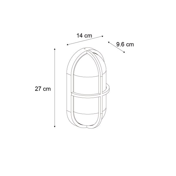 Maßzeichnung einer ovalen Außenwandleuchte mit Gitter: Höhe 27 Zentimeter, Breite 14 Zentimeter, Tiefe 9,6 Zentimeter.