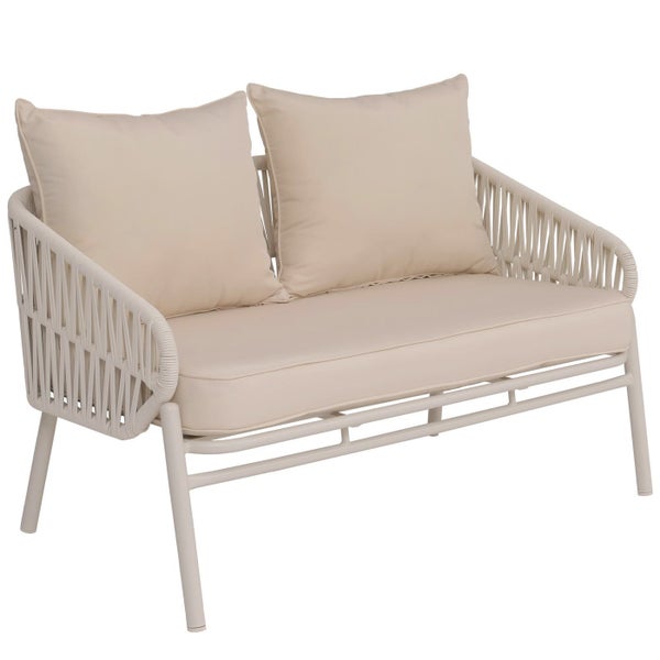 Modernes 2-Sitzer Gartensofa in Beige mit Seilgeflecht und Polsterauflagen.