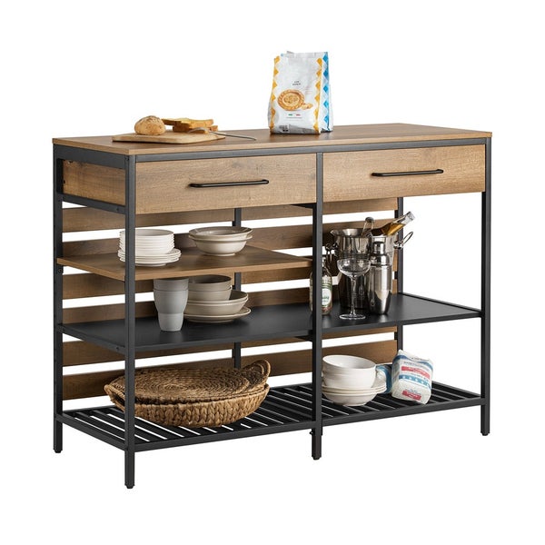 Kücheninsel mit zwei Schubladen und Regalen zur Aufbewahrung von Küchenutensilien.