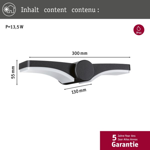 Moderne LED Außenwandleuchte mit 13,5 Watt Leistung, Schutzart IP44, Maße 300 mal 55 mal 130 Millimeter und 5 Jahre Garantie.