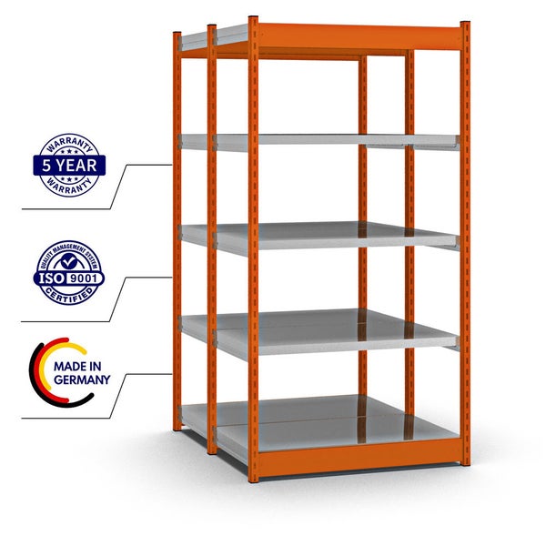 PROREGAL Fachbodenregal Stecksystem Vierkant-Profil Grundregal HxBxT 200 x 102,5 x 50 cm 2x5 Ebenen Doppelseitige Bauart Fachlast 200 kg Orange