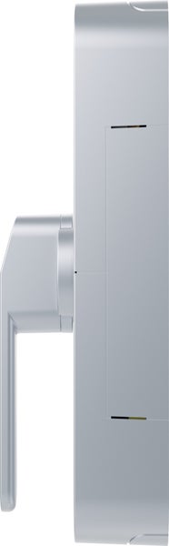 Seitenansicht eines silbernen Fenstergriffs aus Metall mit einer rechteckigen Basiseinheit.